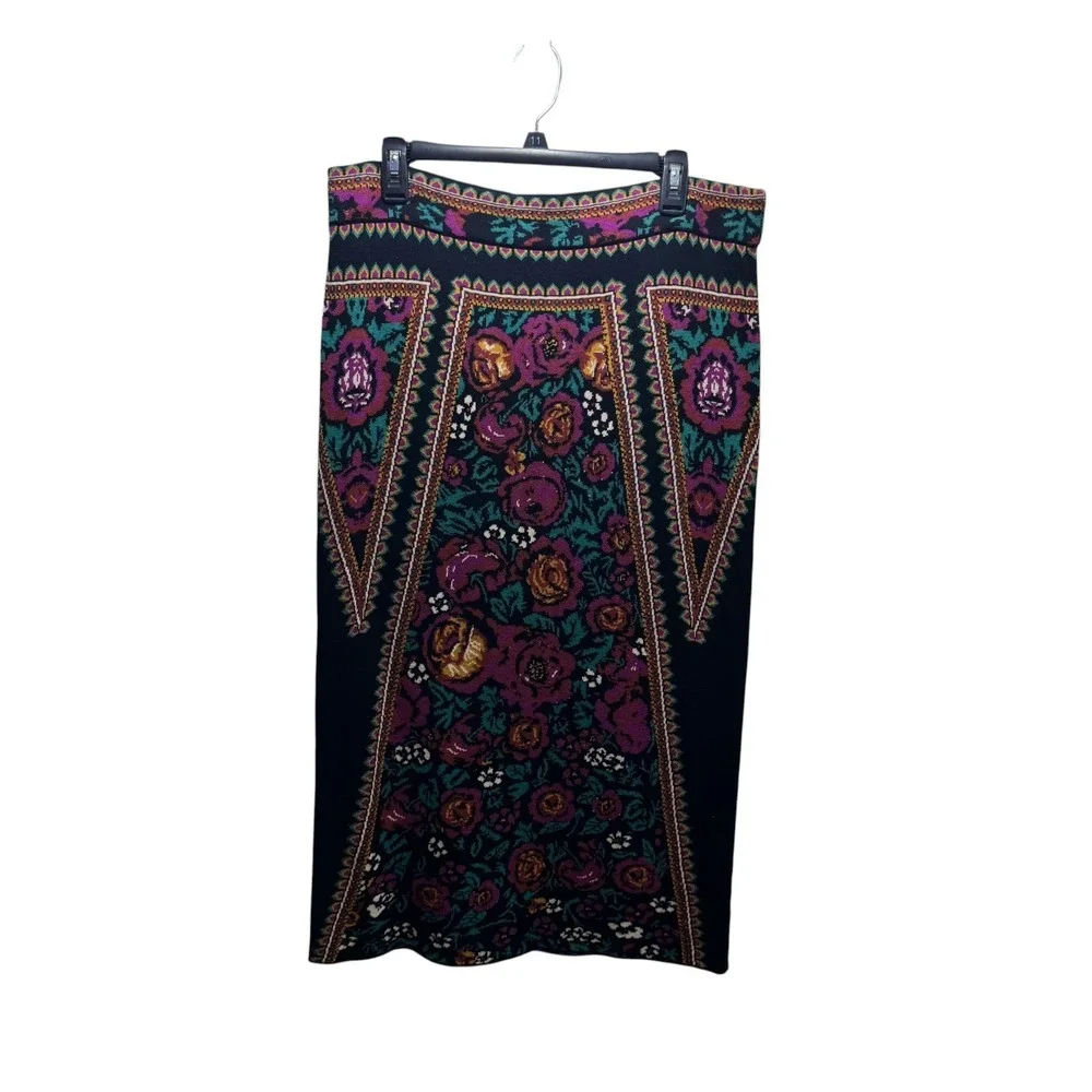 Whimsigoth Tapestry Print Knit Pencil Warm Midi Skirt Folk Boho Border Floral L